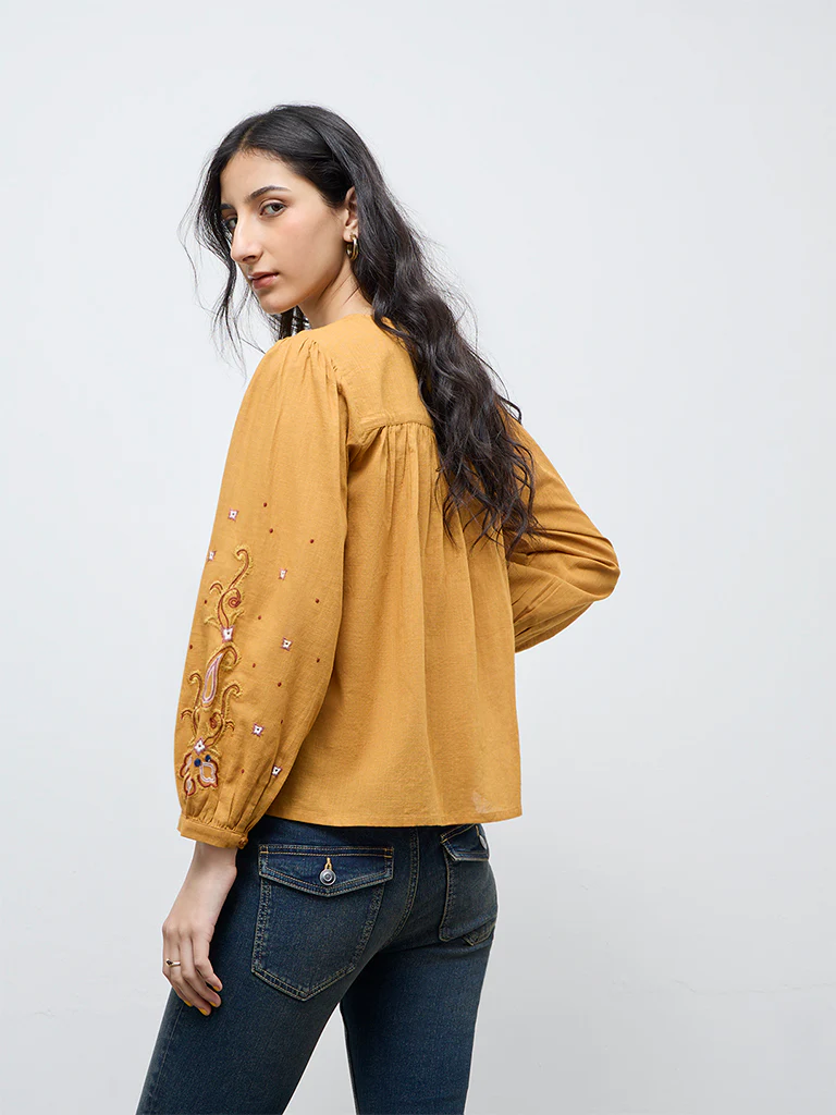 Bombay Paisley Yellow Embroidered Cotton Top - Image 4