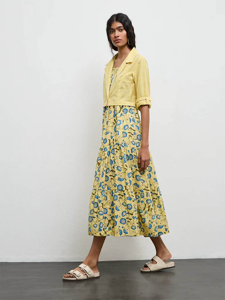 Bombay Paisley Yellow Floral Cotton Tiered Dress With Jacket