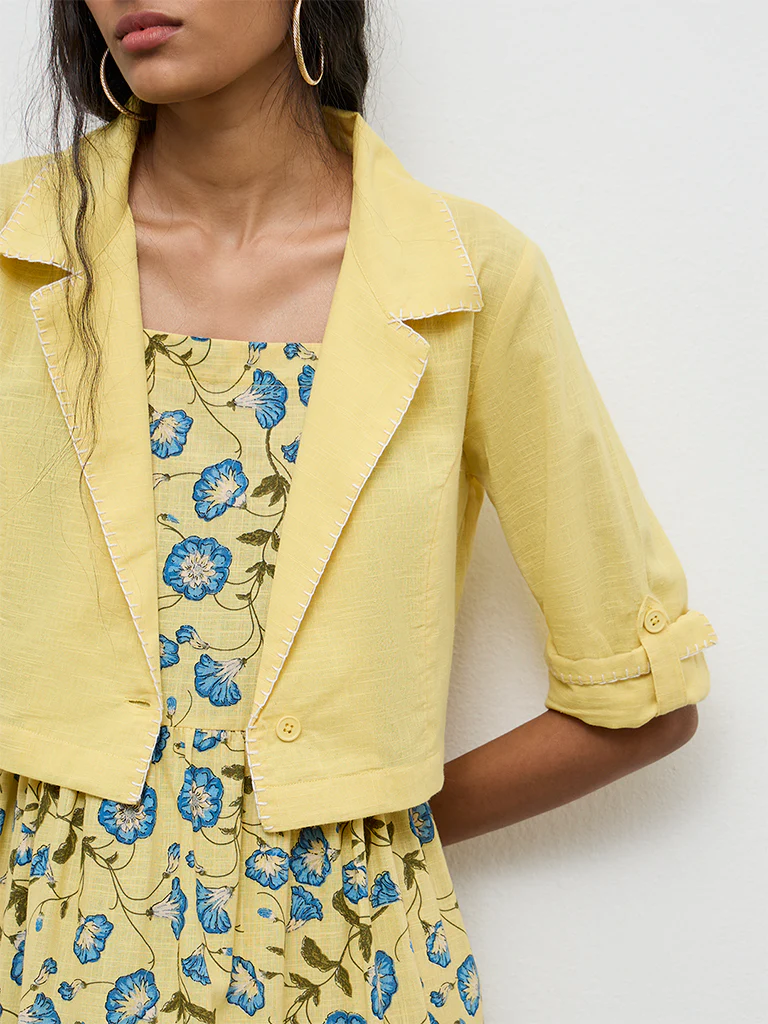 Bombay Paisley Yellow Floral Cotton Tiered Dress With Jacket - Image 3