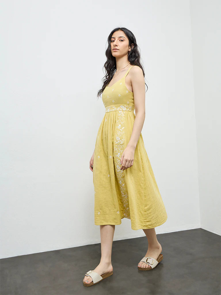 Bombay Paisley Yellow Floral Embroidered Cotton A-Line Dress - Image 2