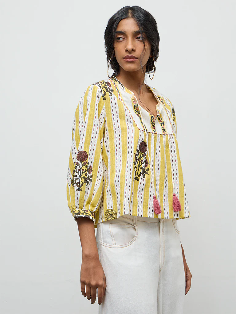 Bombay Paisley Yellow Printed Cotton Blouse - Image 2