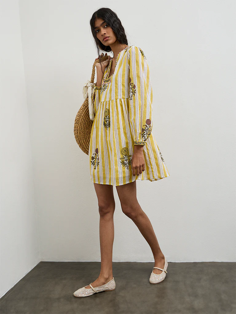 Bombay Paisley Yellow Striped Cotton A-Line Dress - Image 2