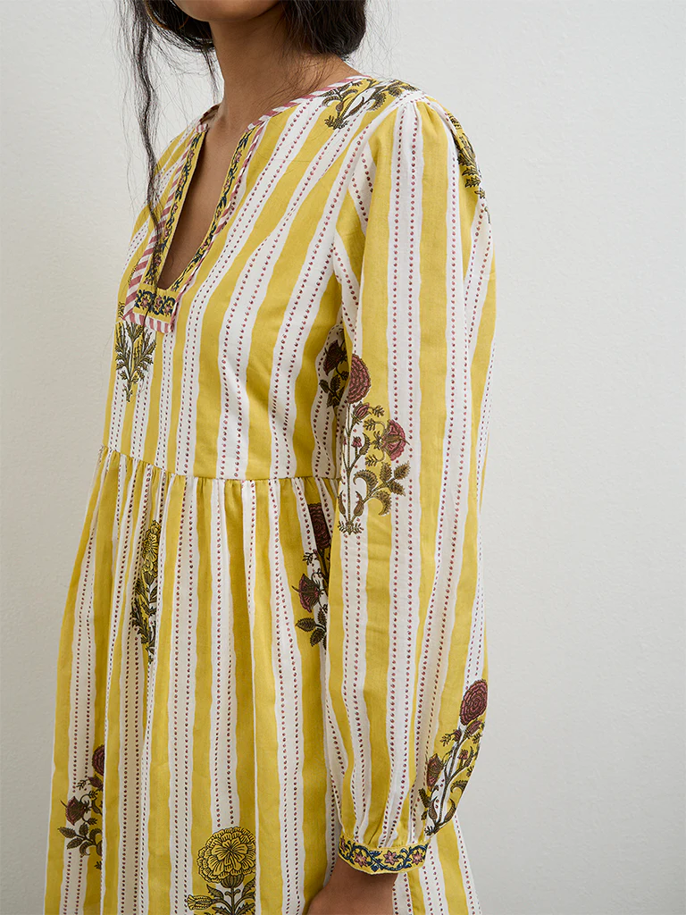 Bombay Paisley Yellow Striped Cotton A-Line Dress - Image 3