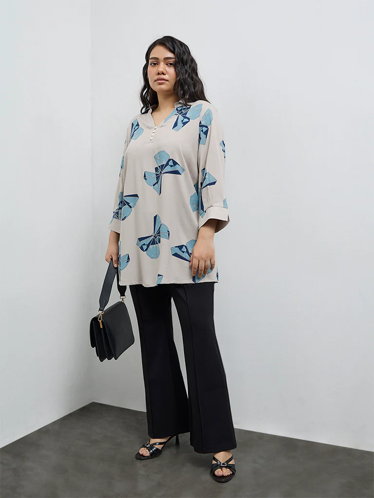 Diza Beige Butterfly Printed High-Low Tunic - Image 2