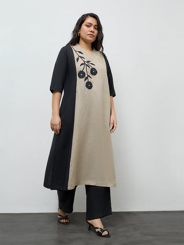 Diza Beige Floral Embroidered A-Line Linen Kurta - Image 2