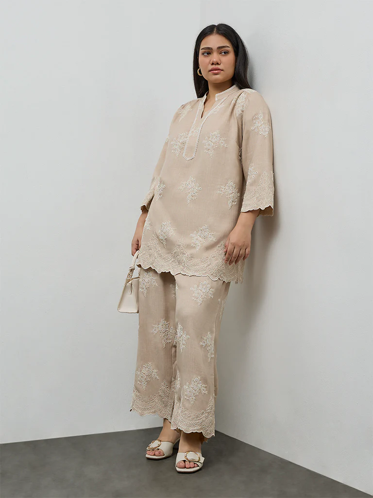 Diza Beige Floral Embroidered Pants - Image 2