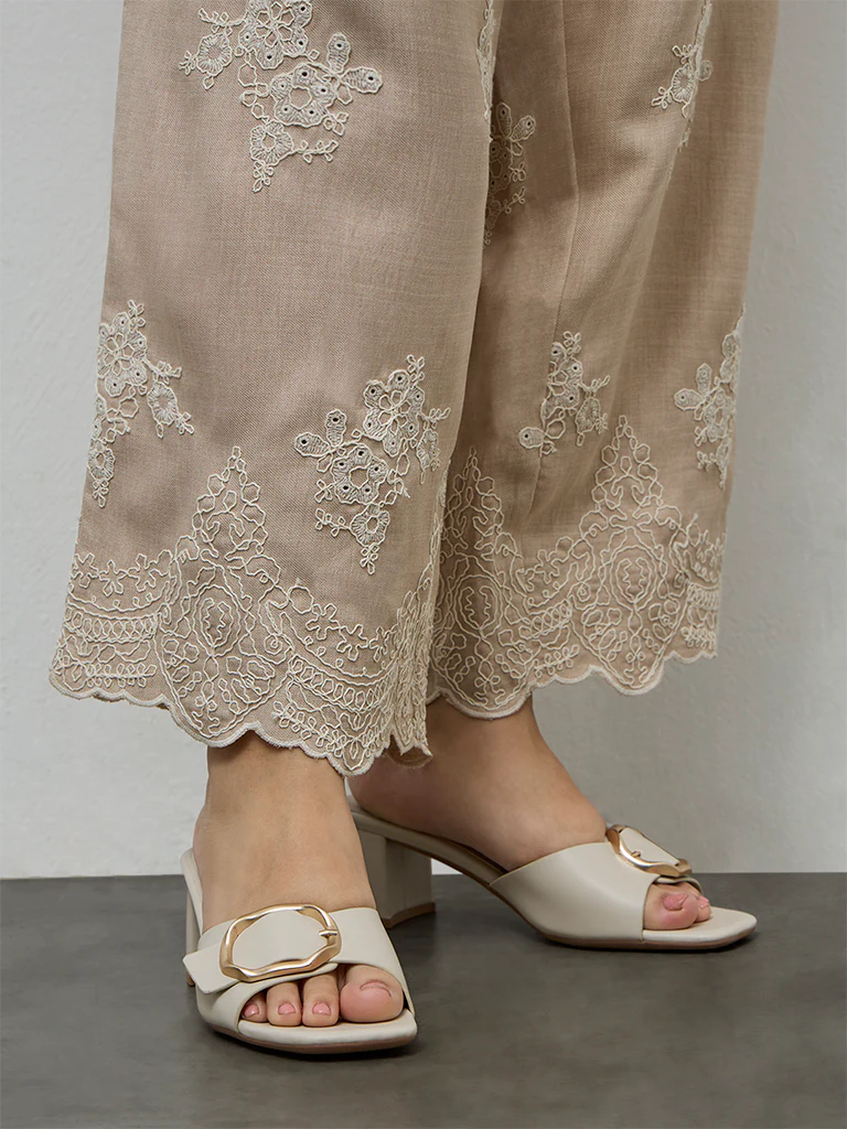 Diza Beige Floral Embroidered Pants - Image 3