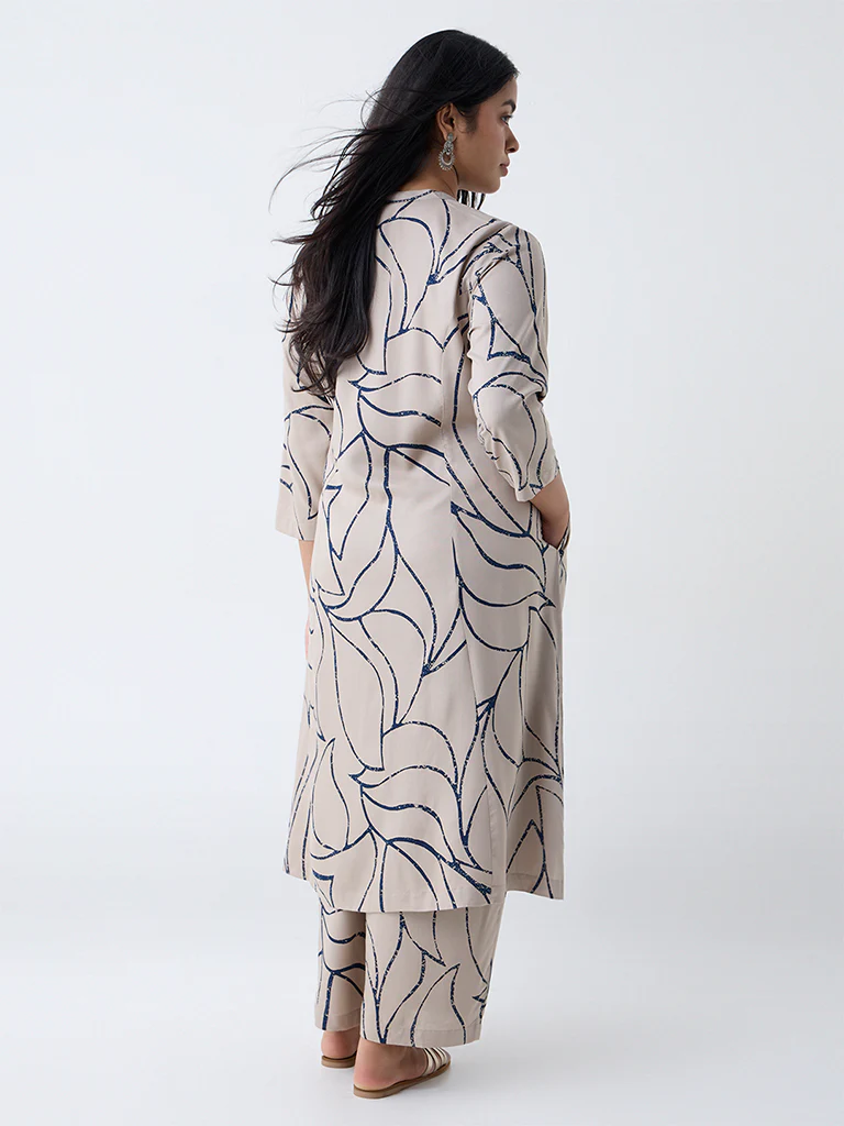 Diza Beige Printed A-Line Kurta - Image 4