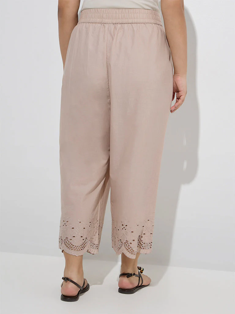 Diza Beige Schiffli Detailed Cotton Ethnic Pants - Image 4