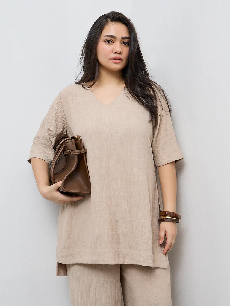 Diza Beige Textured High-Low Tunic