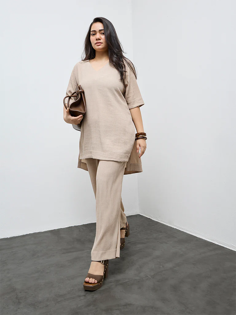 Diza Beige Textured High-Low Tunic - Image 2