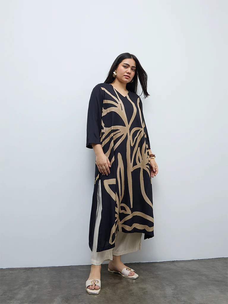Diza Black Abstract Printed A-Line Kurta