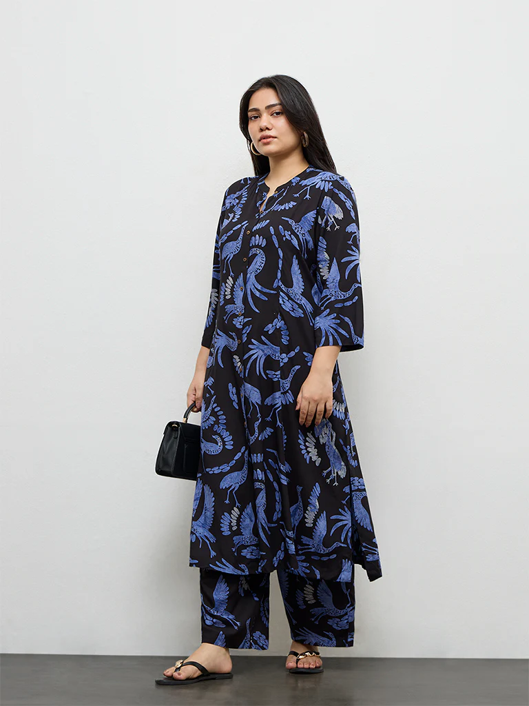 Diza Black Bird Pattern A-Line Kurta