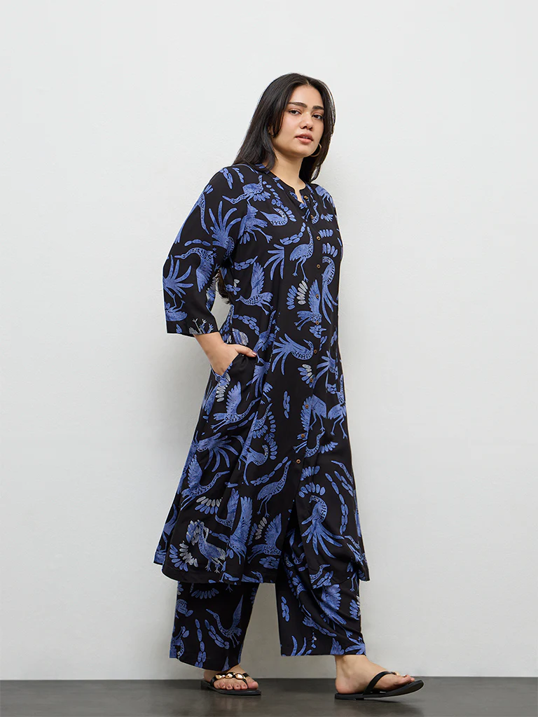Diza Black Bird Pattern A-Line Kurta - Image 2