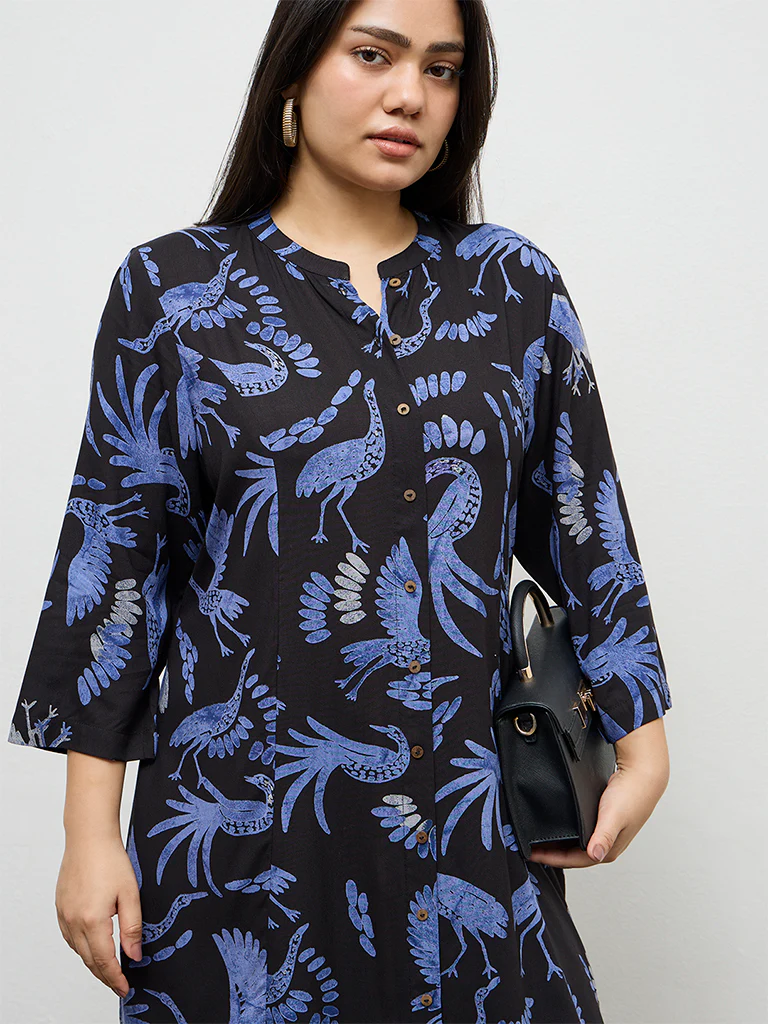 Diza Black Bird Pattern A-Line Kurta - Image 3