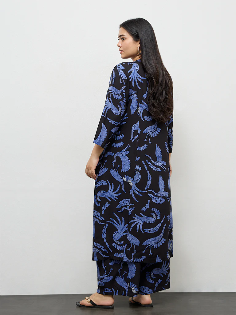 Diza Black Bird Pattern A-Line Kurta - Image 4