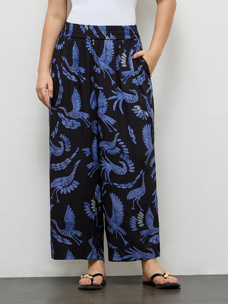 Diza Black Bird Pattern Palazzos