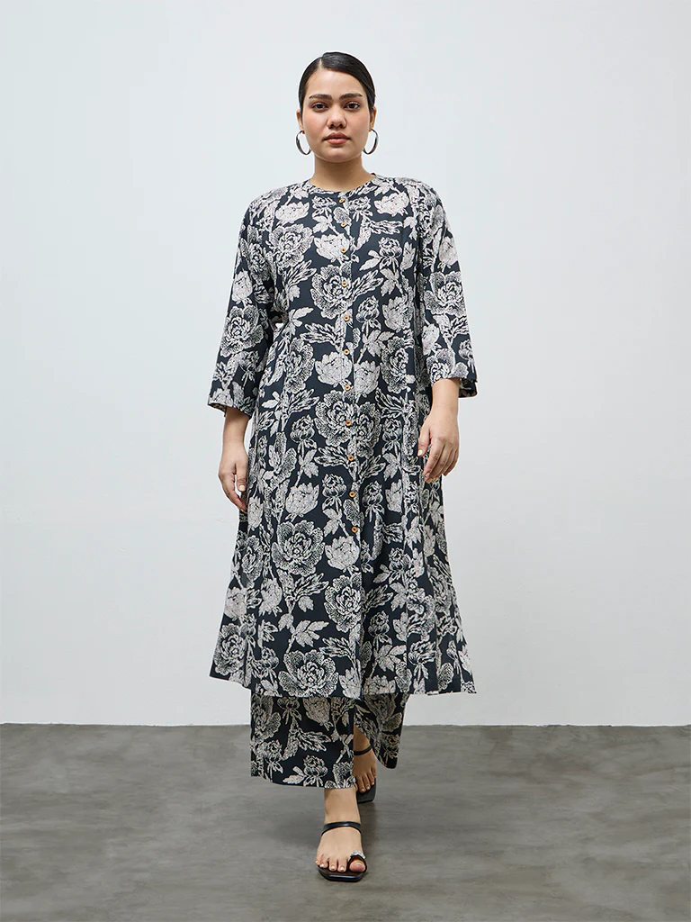 Diza Black Botanical Design A-Line Kurta
