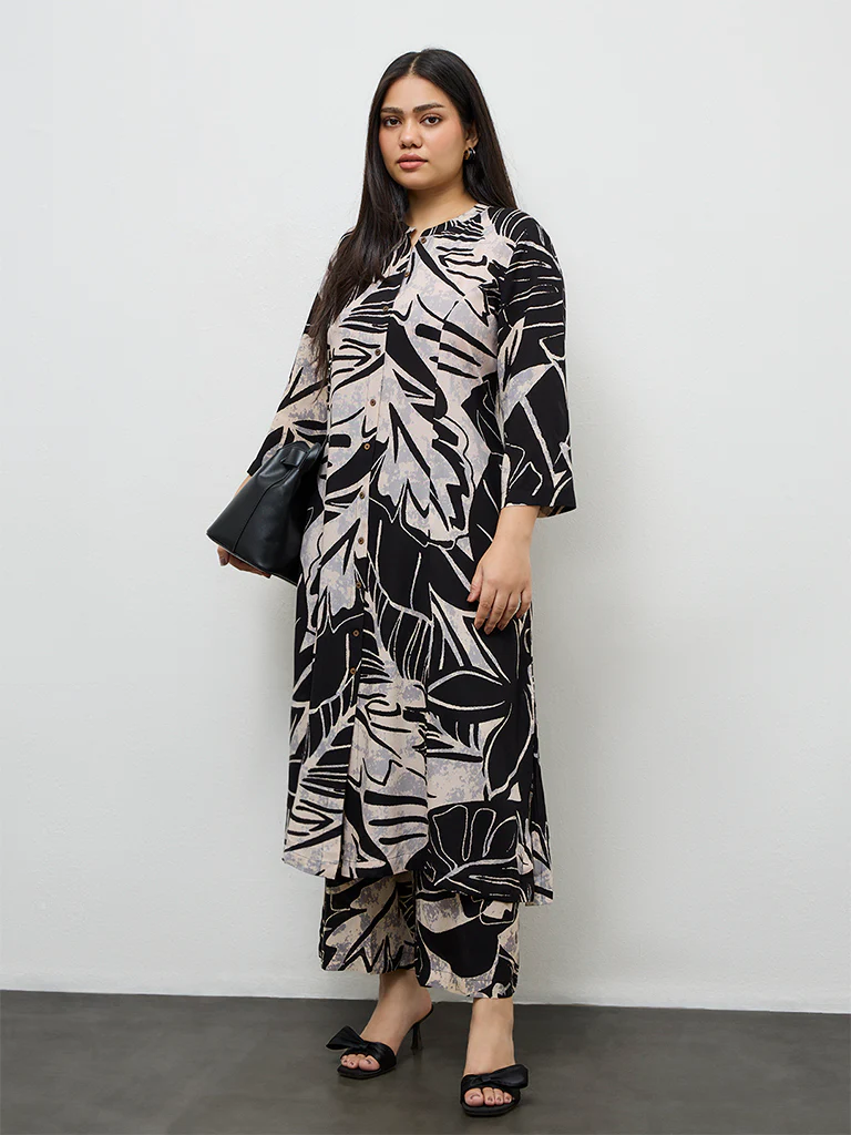 Diza Black Botanical Design A-Line Kurta - Image 2