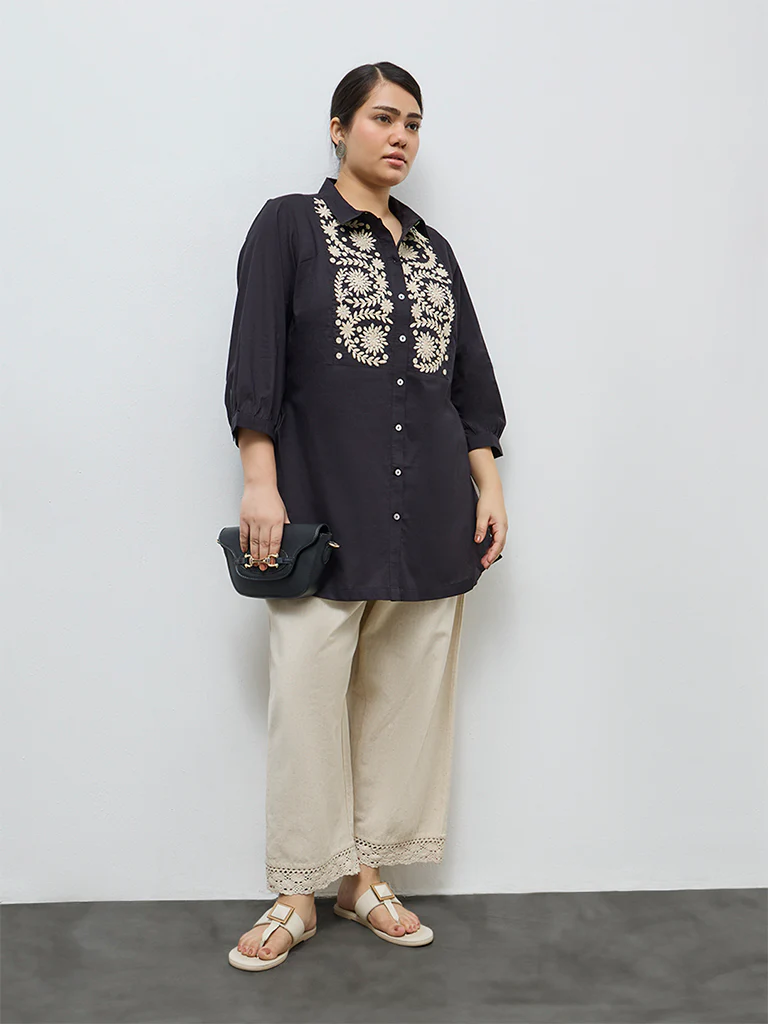 Diza Black Botanical Embroidered Cotton Tunic - Image 2