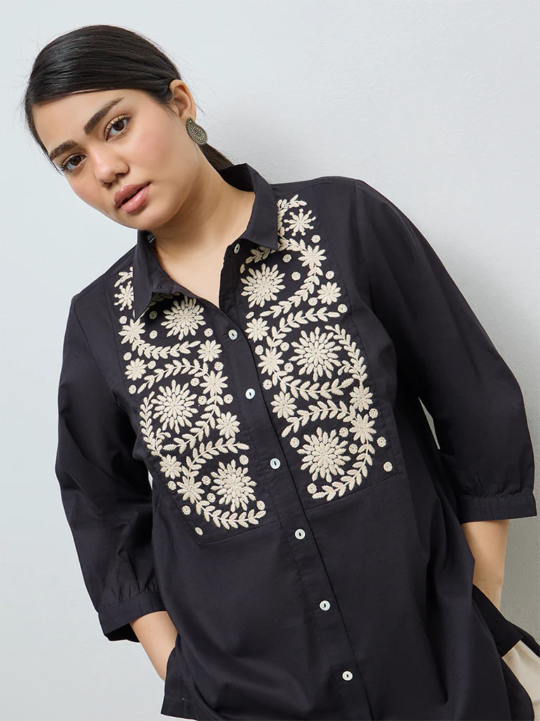 Diza Black Botanical Embroidered Cotton Tunic - Image 3