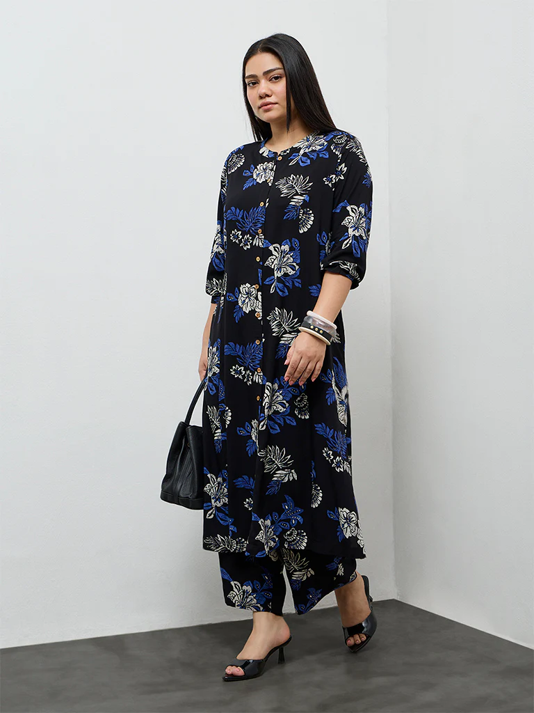 Diza Black Botanical Printed A-Line Kurta - Image 2