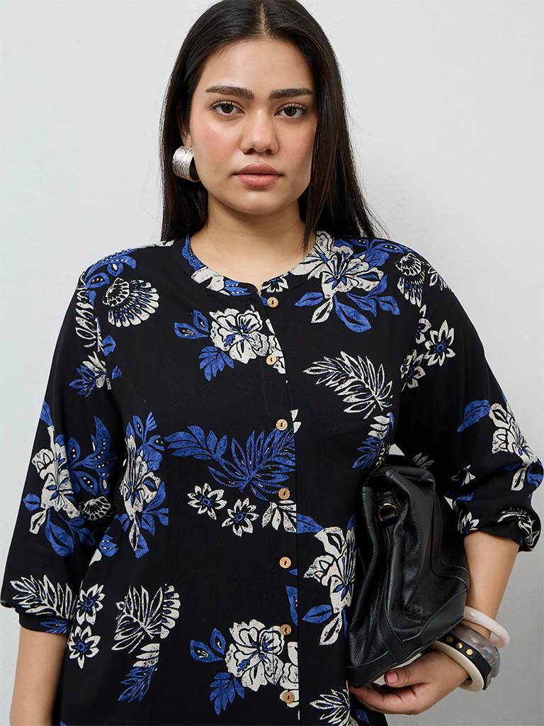 Diza Black Botanical Printed A-Line Kurta - Image 3