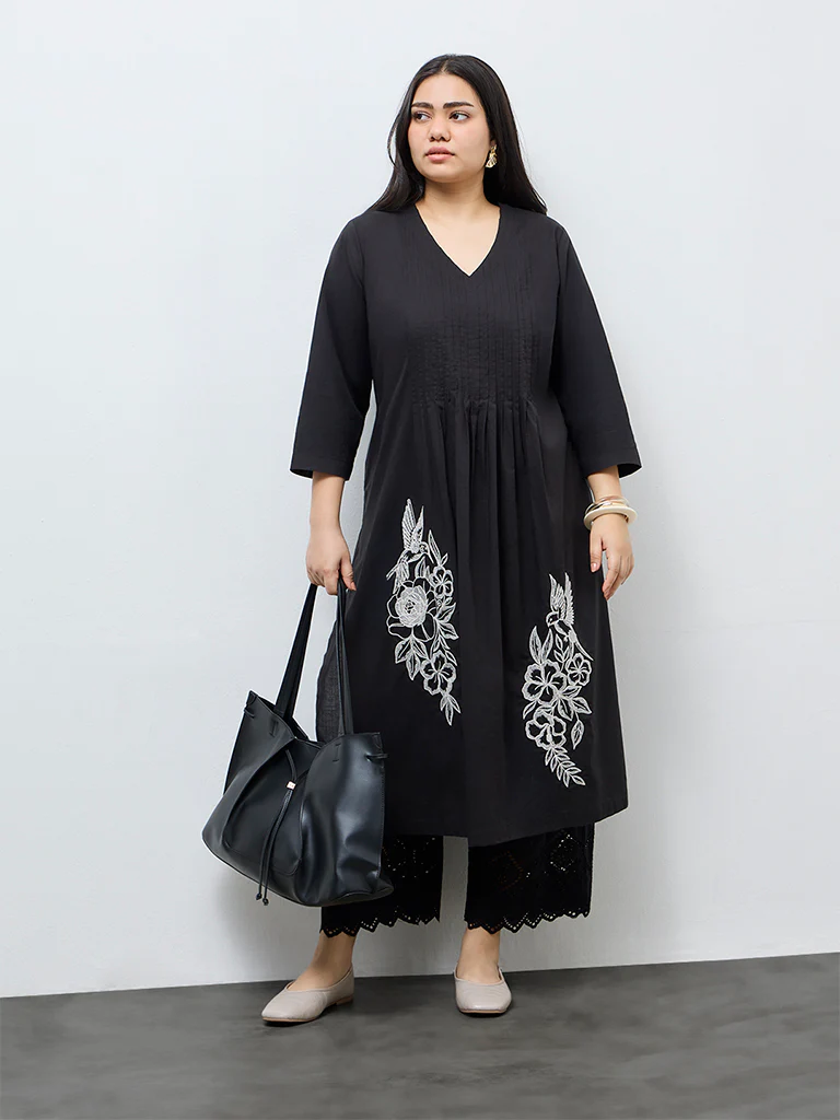 Diza Black Embroidered Cotton A-Line Kurta - Image 2