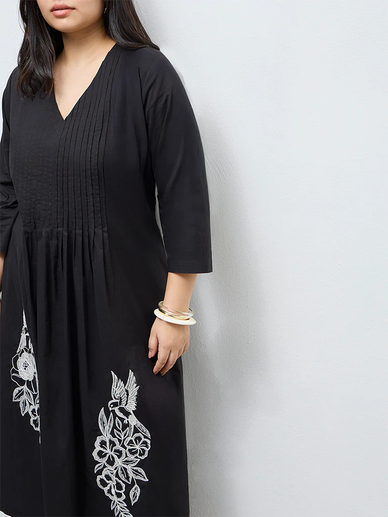 Diza Black Embroidered Cotton A-Line Kurta - Image 3