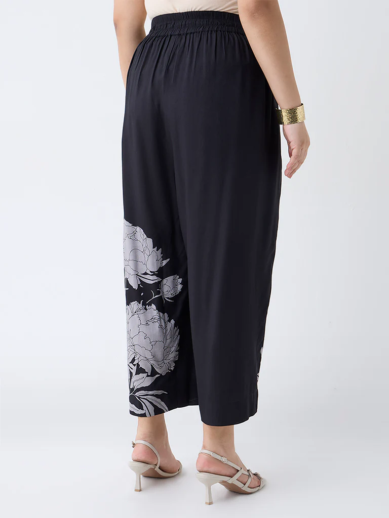 Diza Black Floral Design Ethnic Pants - Image 4