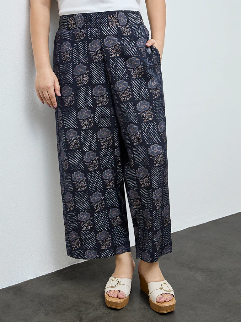 Diza Black Floral Design Ethnic Pants