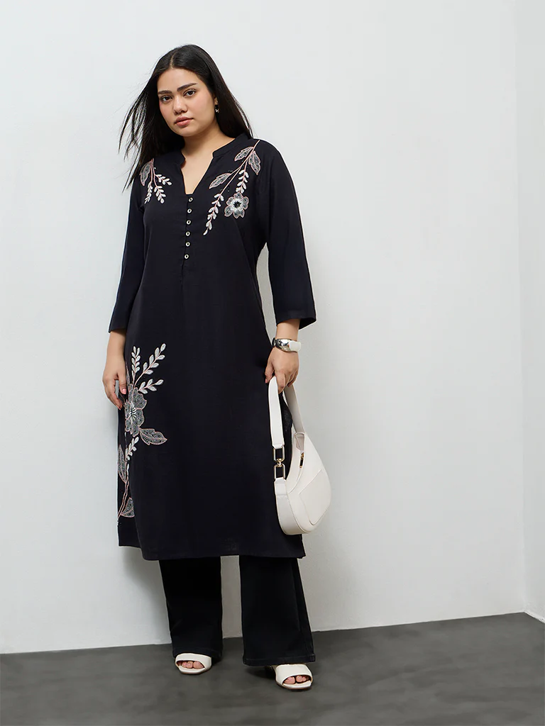 Diza Black Floral Embroidered A-Line Kurta