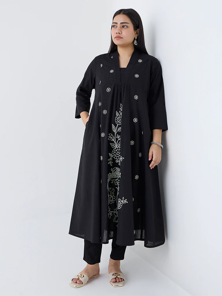 Diza Black Floral Embroidered Cotton A-Line Kurta - Image 2