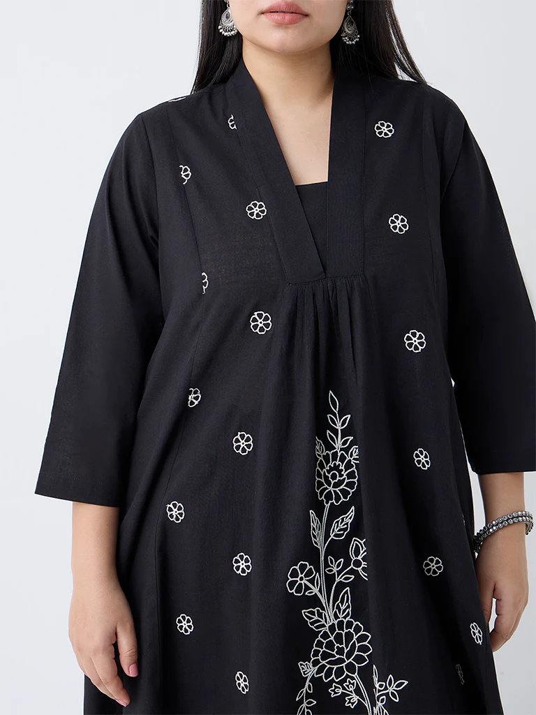 Diza Black Floral Embroidered Cotton A-Line Kurta - Image 3