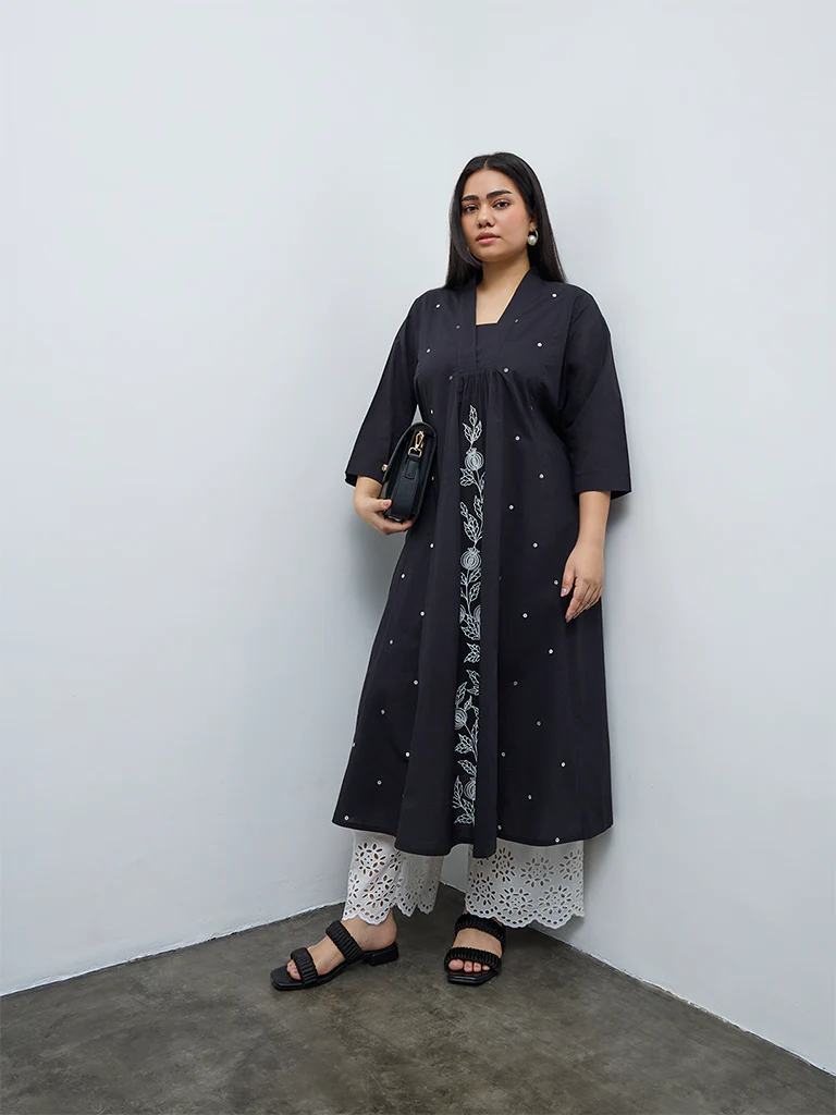 Diza Black Floral Embroidered Cotton A-Line Kurta - Image 2