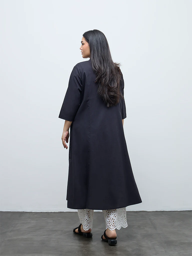 Diza Black Floral Embroidered Cotton A-Line Kurta - Image 4