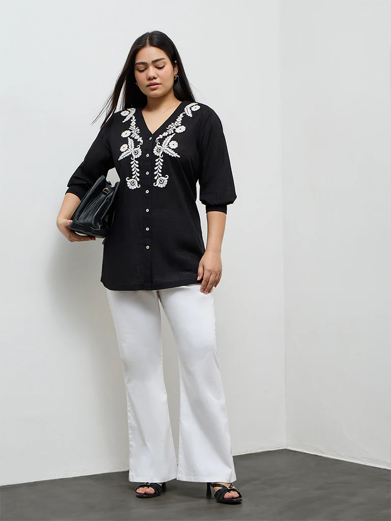Diza Black Floral Embroidered Cotton A-Line Tunic - Image 2