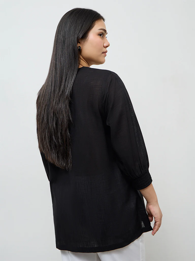Diza Black Floral Embroidered Cotton A-Line Tunic - Image 4