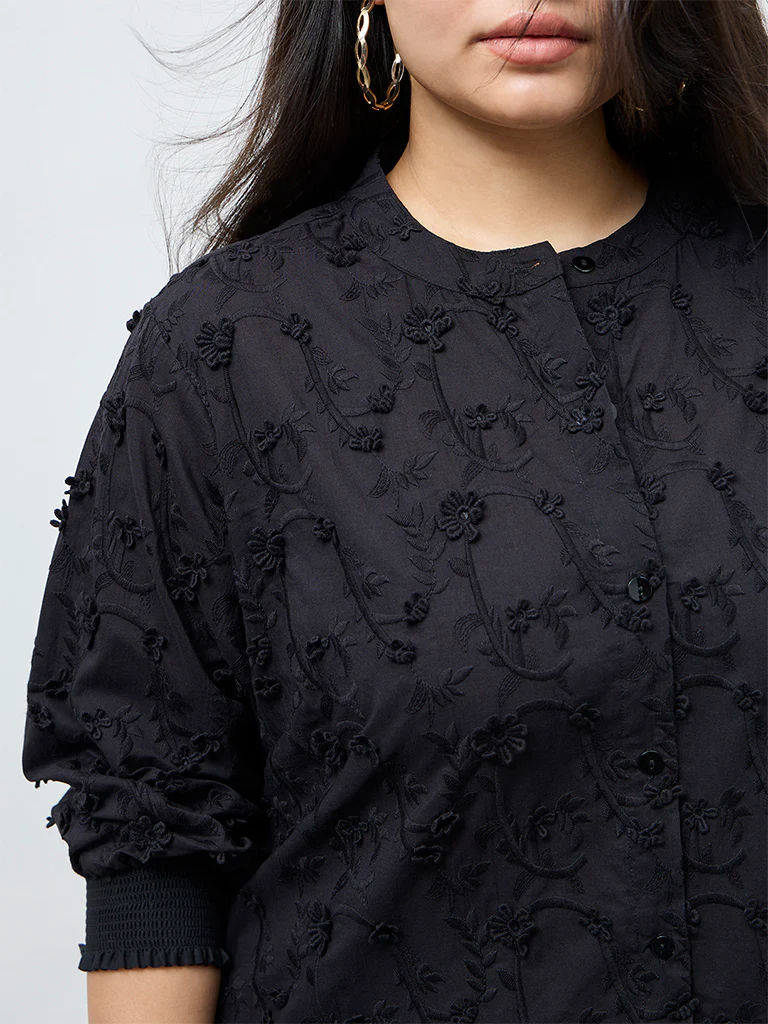 Diza Black Floral Embroidered Cotton Tunic - Image 3