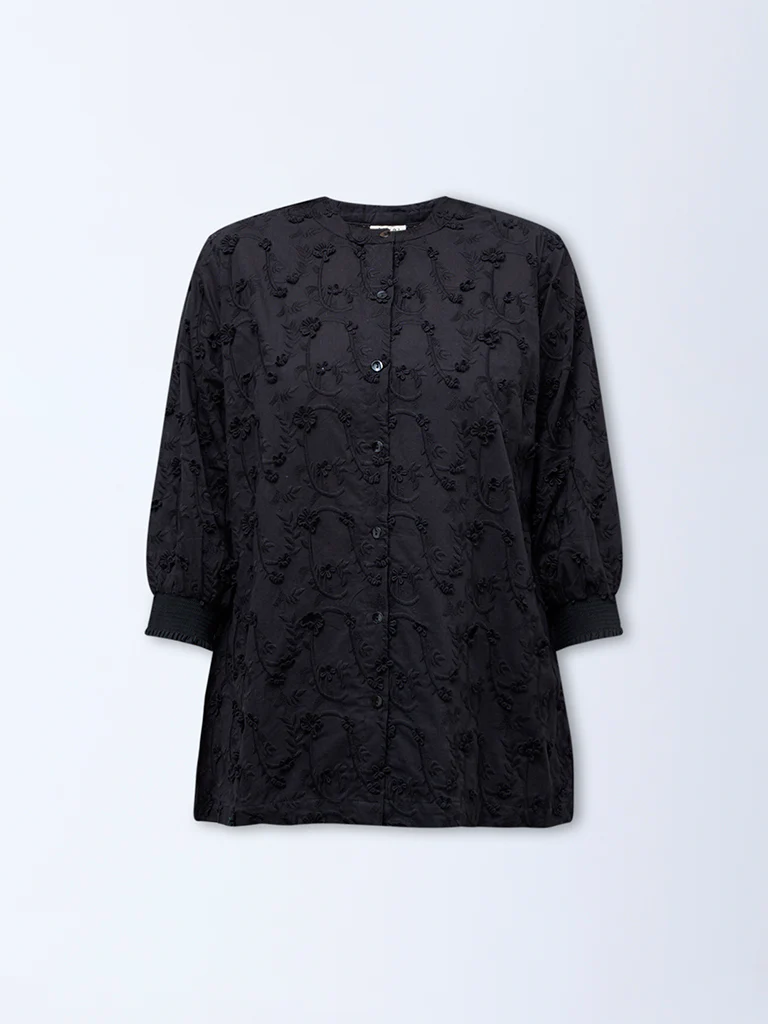Diza Black Floral Embroidered Cotton Tunic - Image 5