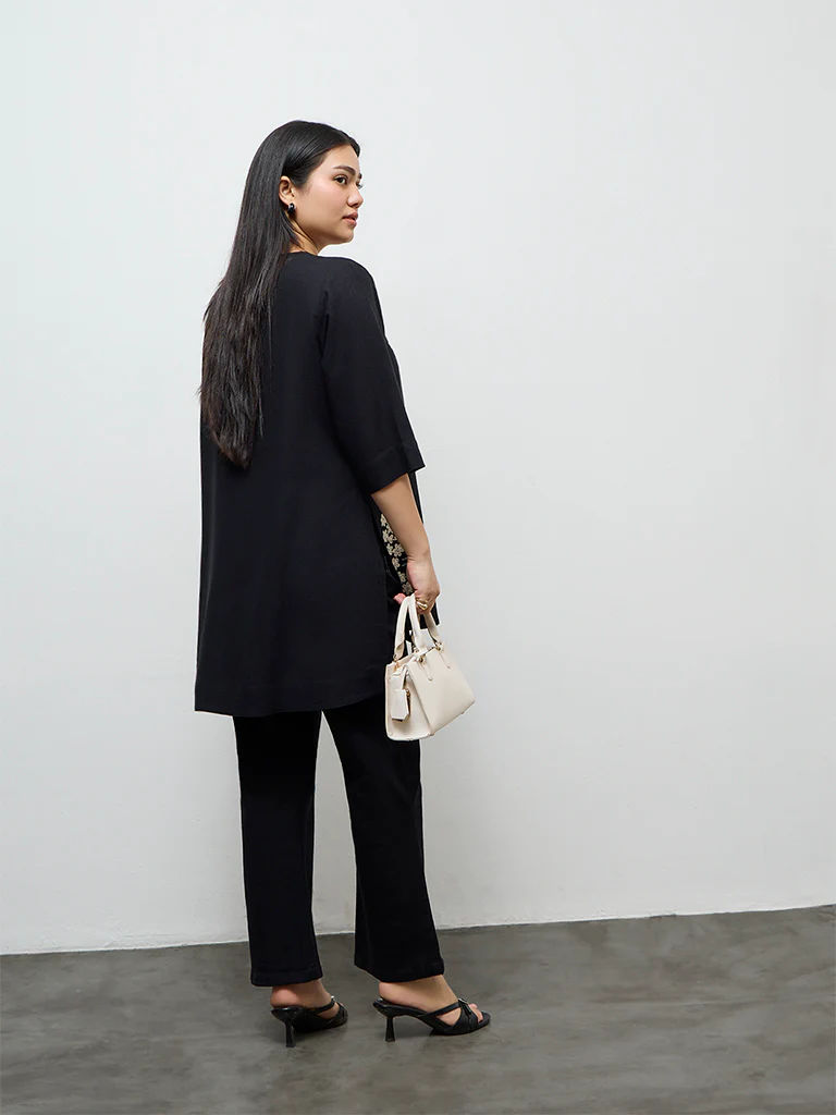 Diza Black Floral Embroidered High-Low Tunic - Image 4