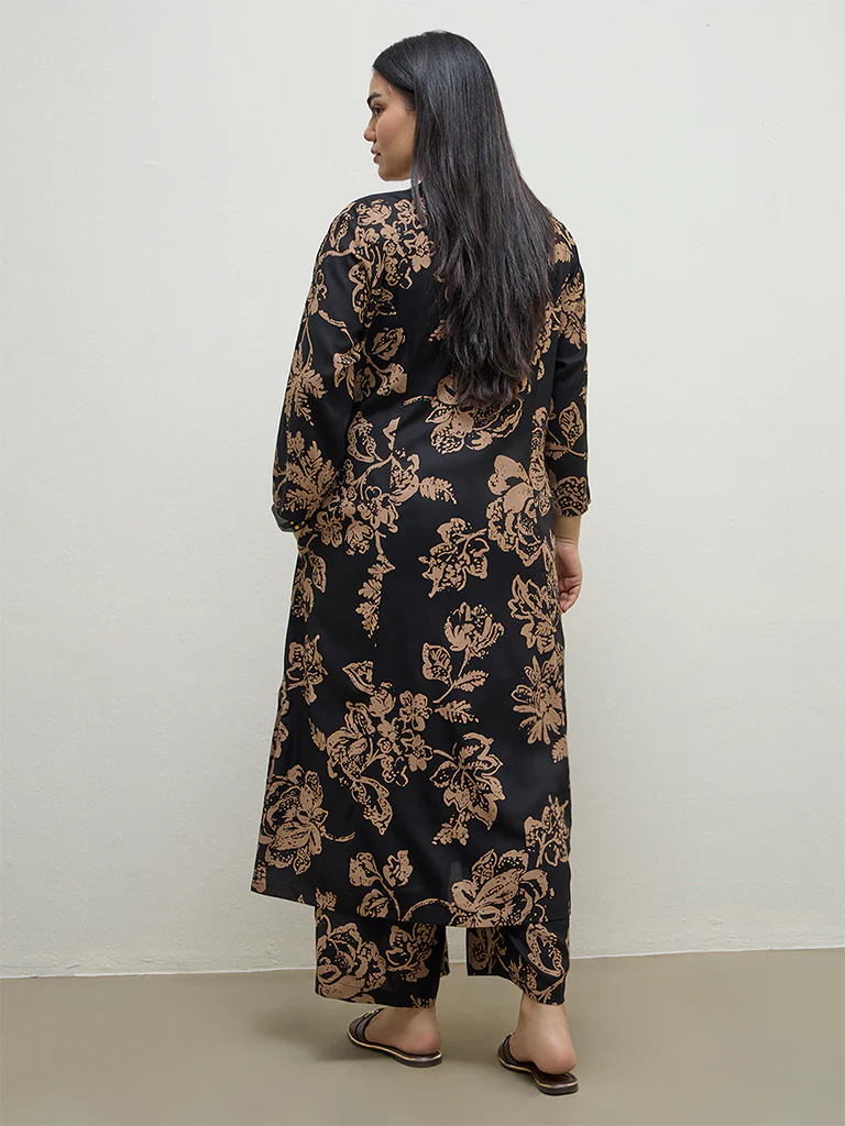 Diza Black Floral Pattern A-Line Kurta - Image 4