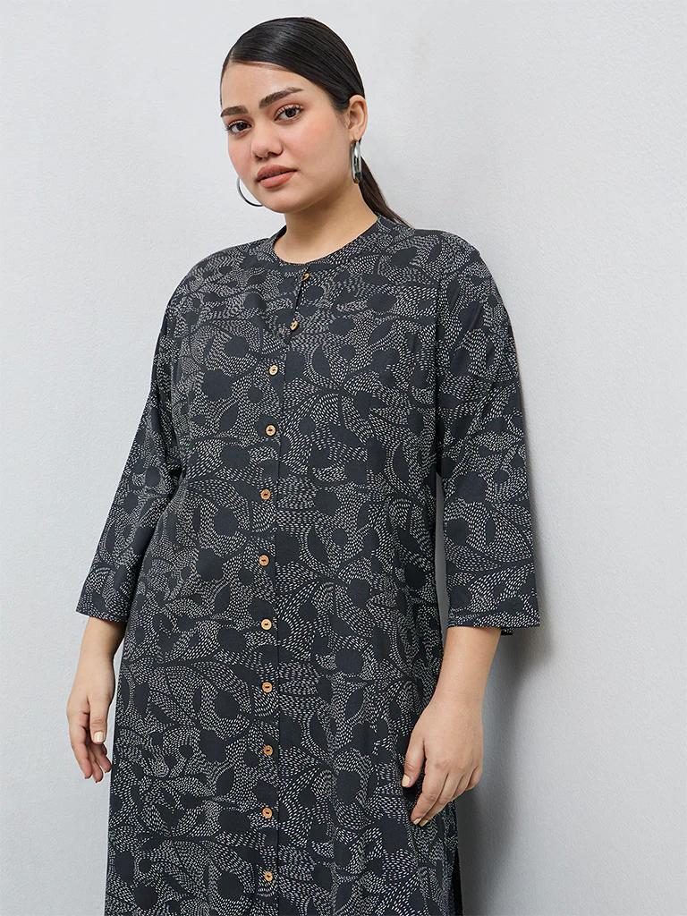 Diza Black Foliage Design A-Line Kurta - Image 3
