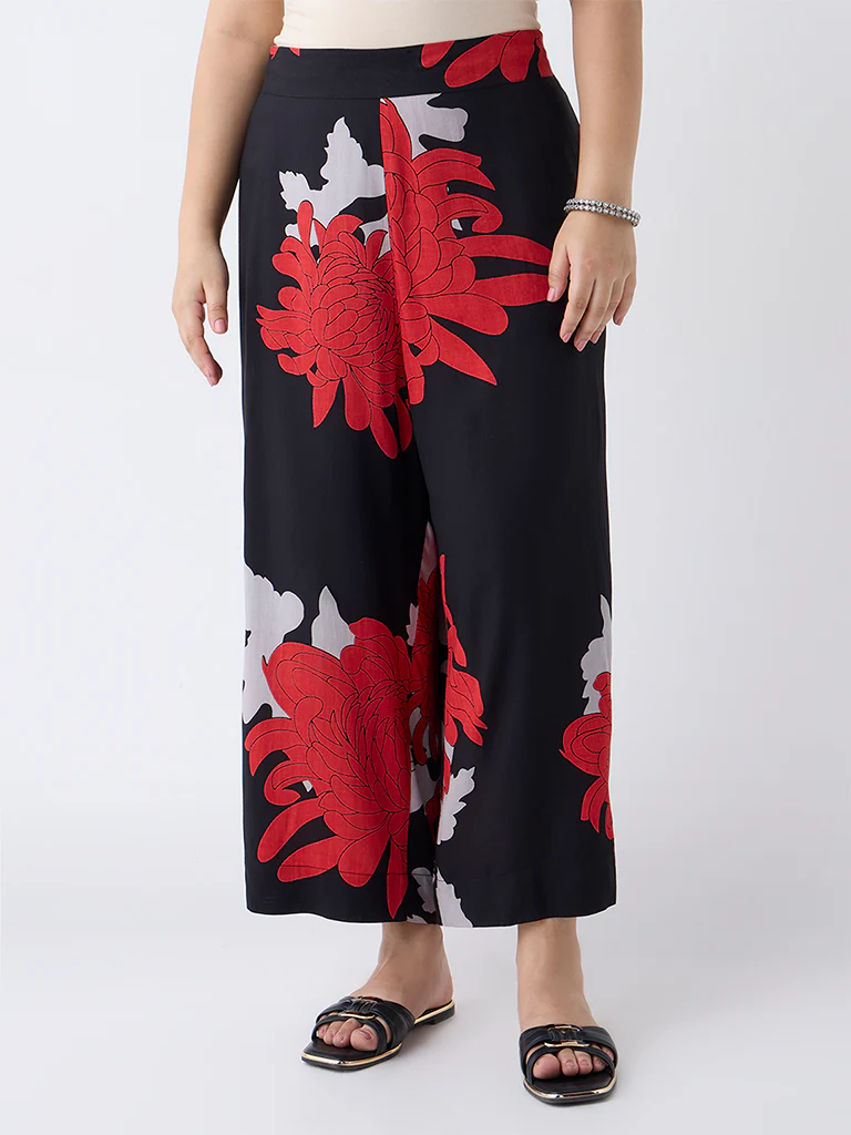 Diza Black Foliage Design Ethnic Pants