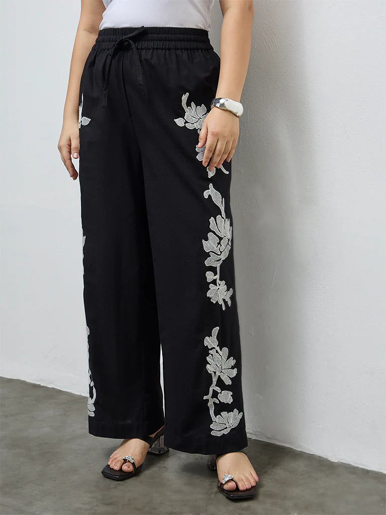 Diza Black Foliage Embroidered Pants