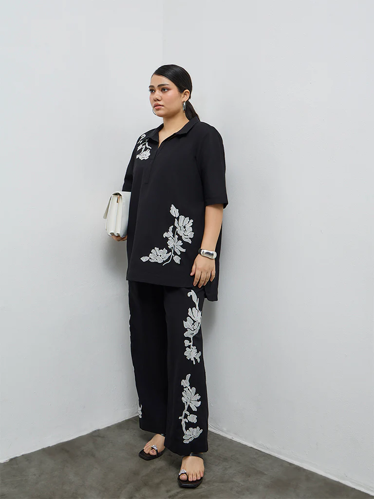 Diza Black Foliage Embroidered Pants - Image 2