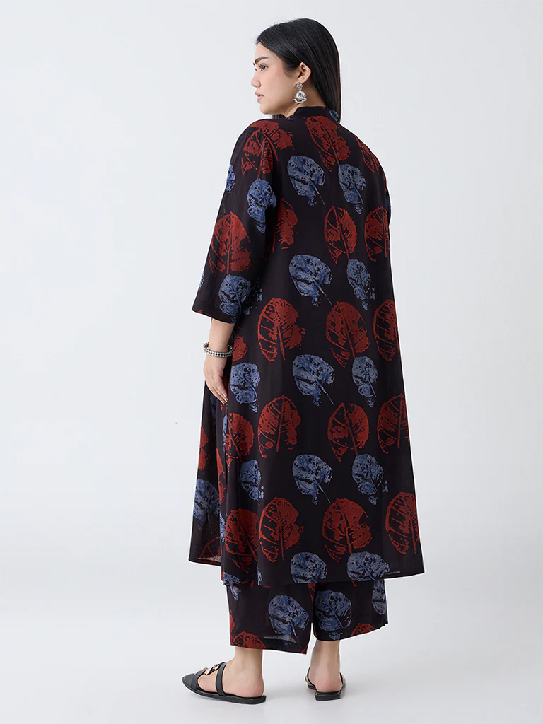 Diza Black Leaf Design A-Line Kurta - Image 4