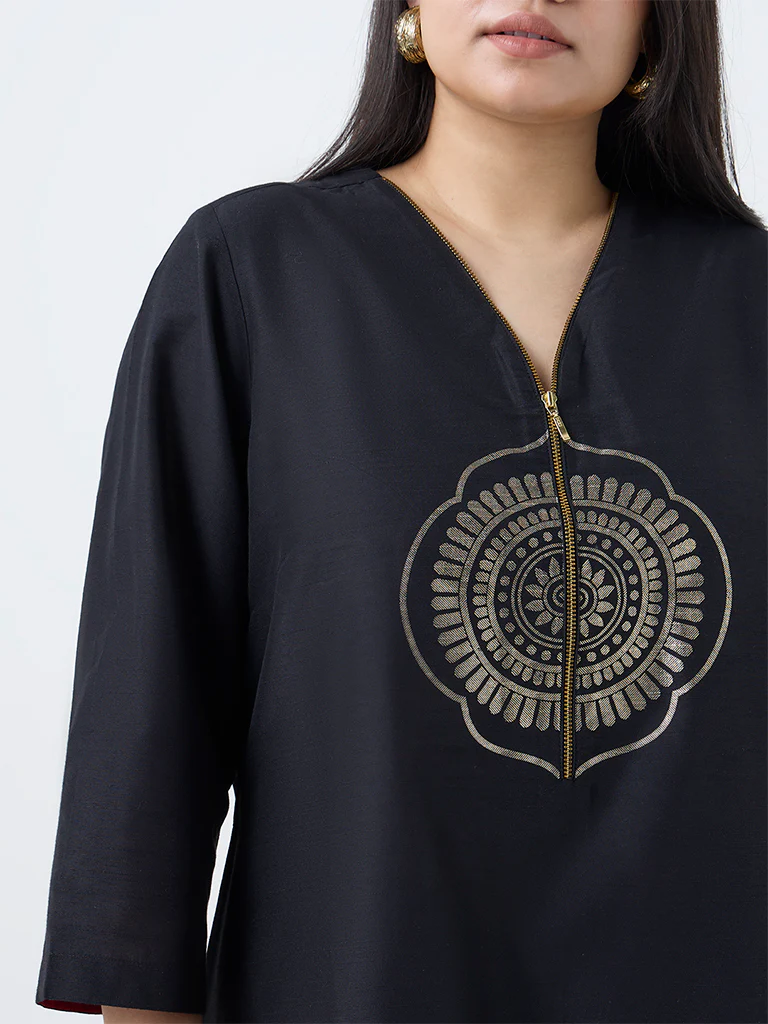 Diza Black Printed Quarter-Zip A-Line Kurta - Image 3