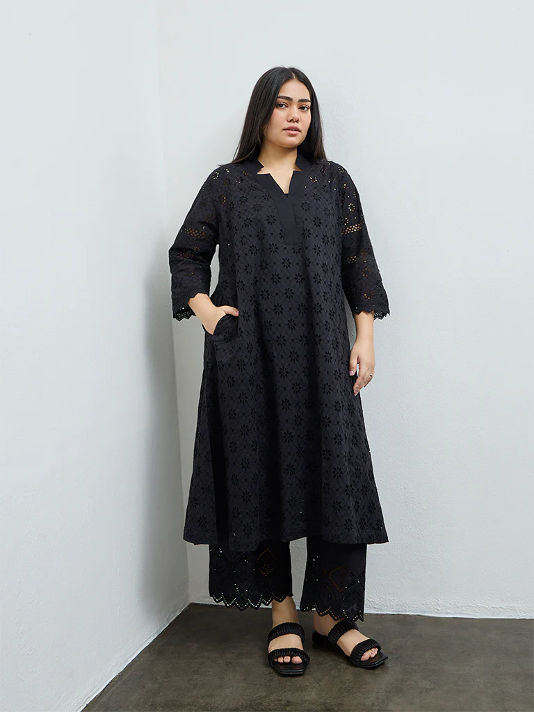 Diza Black Schiffli Embroidered A-Line Cotton Kurta - Image 2