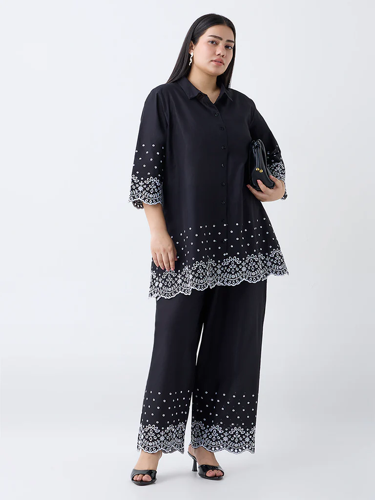 Diza Black Schiffli Embroidered Cotton Palazzos - Image 2
